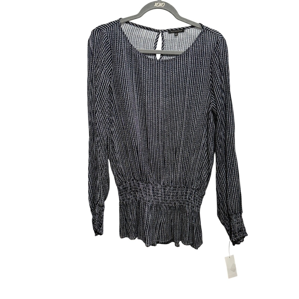STACCATO Womens Navy White Stripe Smocked Peplum Blouse Long Sleeve Size M